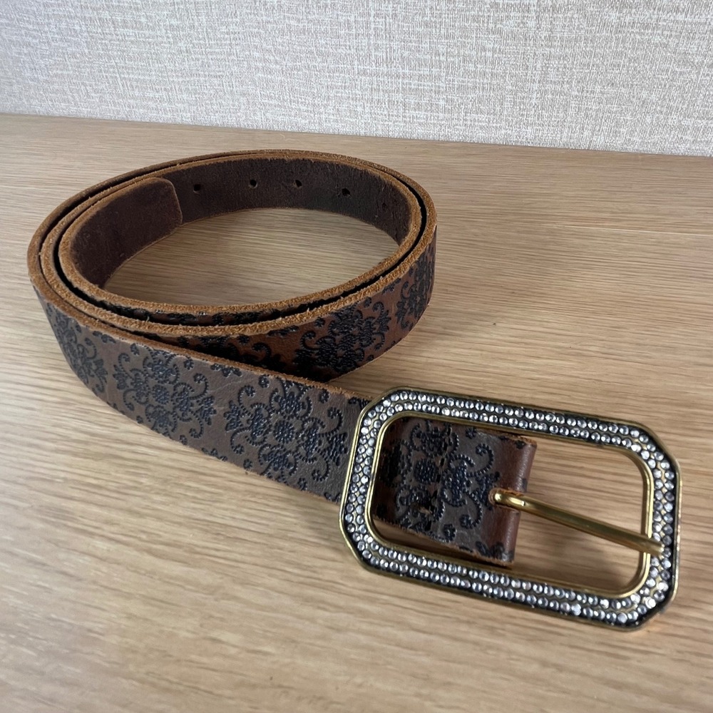 Women XXL Italian Leather Belt Brown Floral Rhinestone Buckle Western Boho Y2K